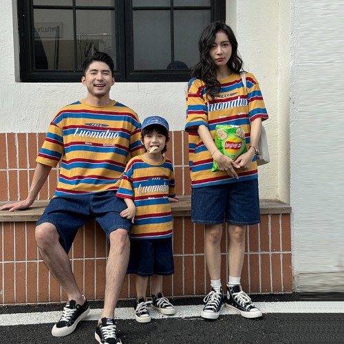 親子裝短袖2025夏季韓版一家三四口撞色寬條紋Tt恤衫全家裝半袖潮