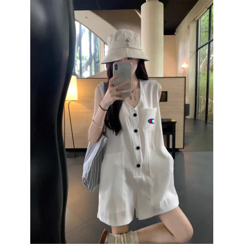 賣萌冠軍白色無袖背心連體衣女夏季小個子寬松百搭濶腿連衣褲套裝