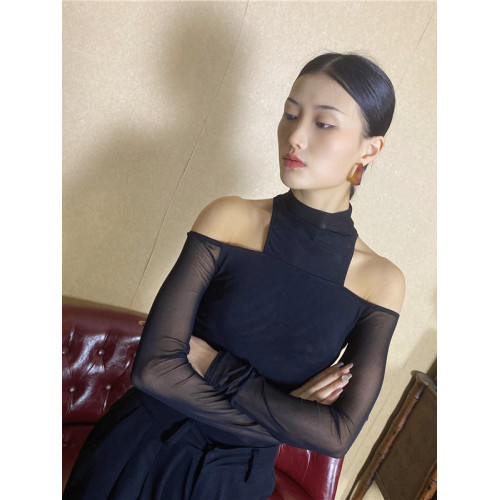 WYZ蓋蓋街舞爵士黑色百搭假兩件設計感網紗連體衣長袖高領穿搭