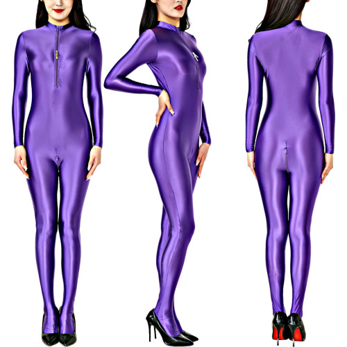 女士新款全身長袖包腳連體衣油亮柔軟絲滑表演服秀服拉拉隊角色扮