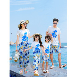 海邊度假親子裝夏款一家三口炸街母子三亞沙灘連衣裙母女裝海洋風