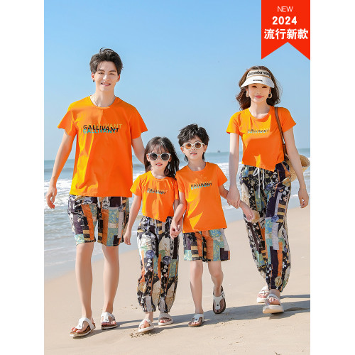 海邊度假親子裝夏款一家三口炸街母子三亞沙灘連衣裙母女裝海洋風