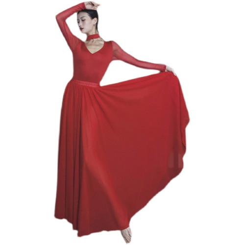 WYZ蓋蓋大紅色舞蹈服V領性感氣質表演服舞蹈裙網紗連體衣