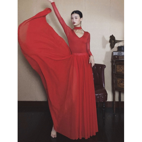 WYZ蓋蓋大紅色舞蹈服V領性感氣質表演服舞蹈裙網紗連體衣