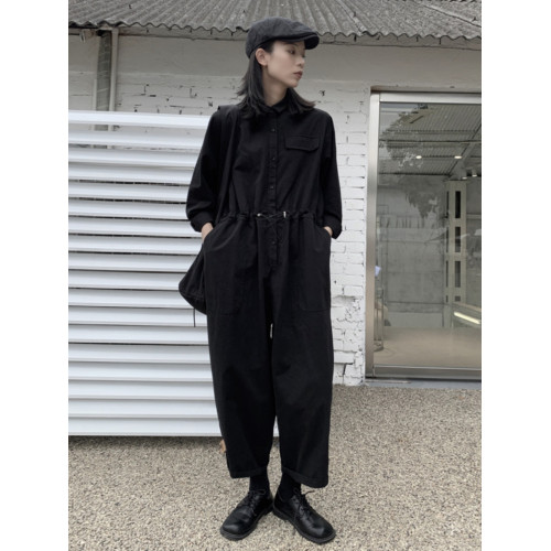 山本暗黑設計感寬松顯瘦黑色連體褲女春秋工裝連體衣套裝濶腿褲