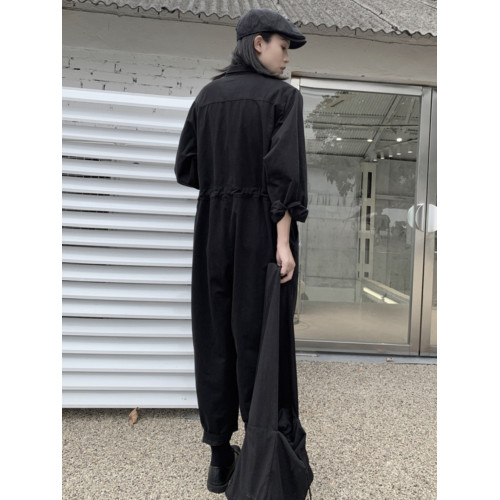 山本暗黑設計感寬松顯瘦黑色連體褲女春秋工裝連體衣套裝濶腿褲