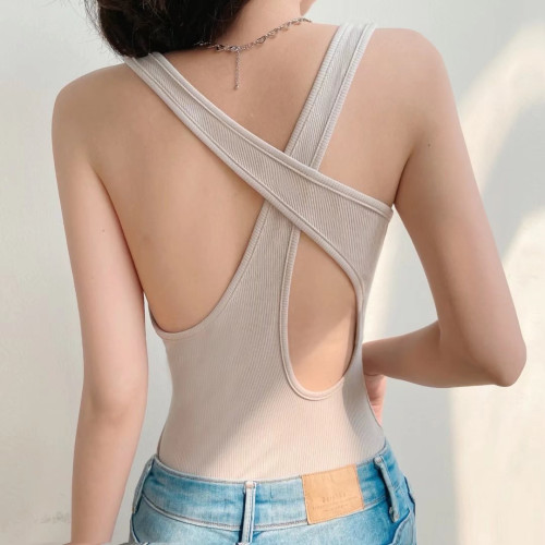 辣妹性感露背交叉背心連體衣女2025夏裝彈力緊身吊帶上衣打底衫潮