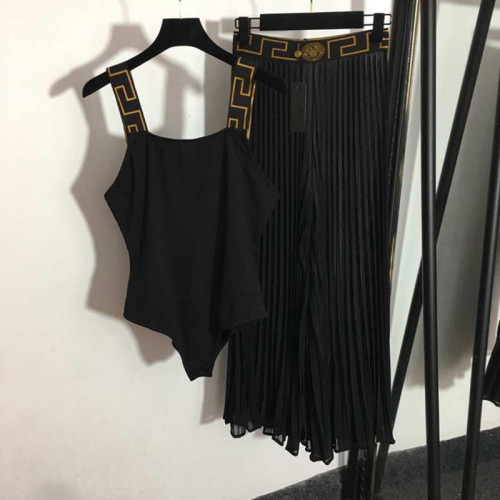 歐洲站時尚潮牌性感辣妹吊帶背心連體衣濶腿百褶裙褲套裝女休閒夏