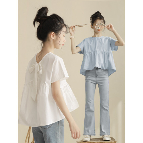 女童短袖T恤夏裝衣服韓版圓領寬松中大童純棉娃娃衫兒童短款上衣