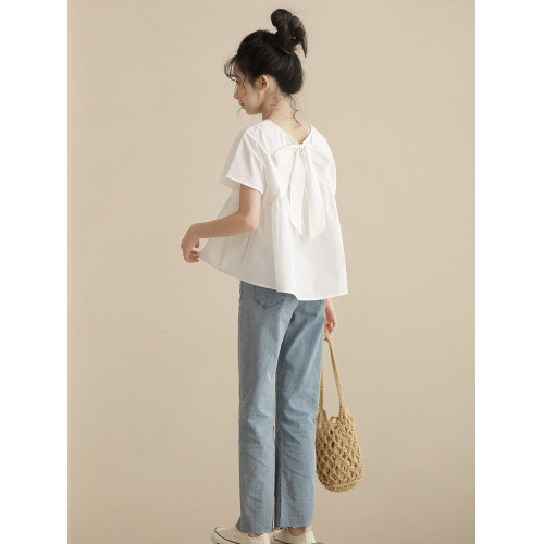 女童短袖T恤夏裝衣服韓版圓領寬松中大童純棉娃娃衫兒童短款上衣