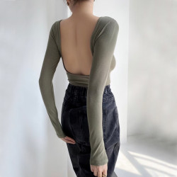 性感大露背一字領連體衣女秋季新款外穿百搭長袖打底上衣連身T恤