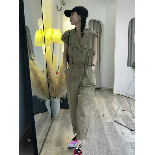 韓版時尚工裝連體褲女2025年夏季新款抽繩收腰休閒純色短袖連體衣