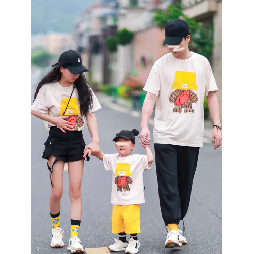 小月齡小熊親子裝夏高級卡通一家三口四口嬰兒母子母女裝短袖t恤