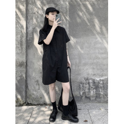山本風暗黑系小衆設計感短袖連體衣女夏季薄款寬松情侶連體短褲潮