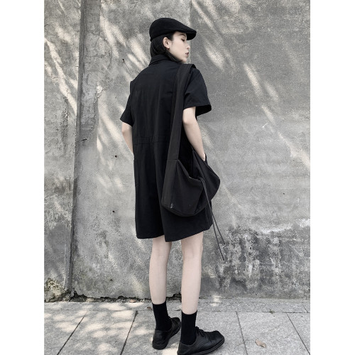 山本風暗黑系小衆設計感短袖連體衣女夏季薄款寬松情侶連體短褲潮