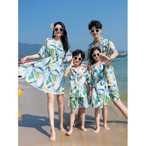 親子裝海邊度假一家三四口襯衫套裝2025新款三亞沙灘母女連衣裙夏