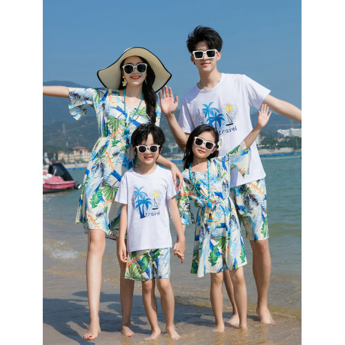 親子裝海邊度假一家三四口襯衫套裝2025新款三亞沙灘母女連衣裙夏