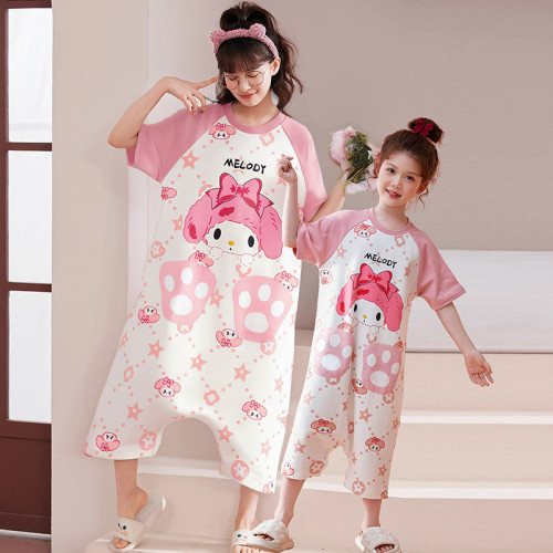 親子裝連體兒童睡衣男女寶寶中小大童卡通夏季純棉寬鬆媽媽連體衣