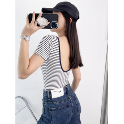 2023夏季新款歐美風橫條紋上衣大露背短袖連體衣修身顯瘦T恤衫女