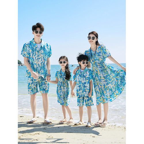 大碼親子裝夏裝一家三口四口短袖三亞度假套裝海邊沙灘母女連衣裙