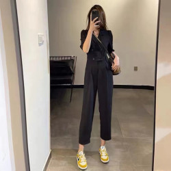 VSETAMELLE西裝短袖連體褲女夏薄款高級感收腰顯瘦雙排釦連體衣褲