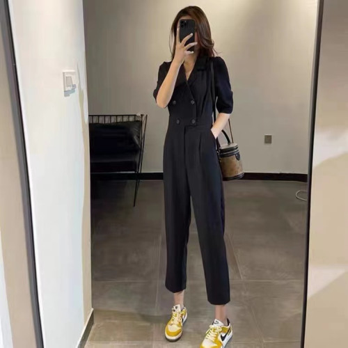 VSETAMELLE西裝短袖連體褲女夏薄款高級感收腰顯瘦雙排釦連體衣褲