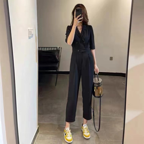 VSETAMELLE西裝短袖連體褲女夏薄款高級感收腰顯瘦雙排釦連體衣褲