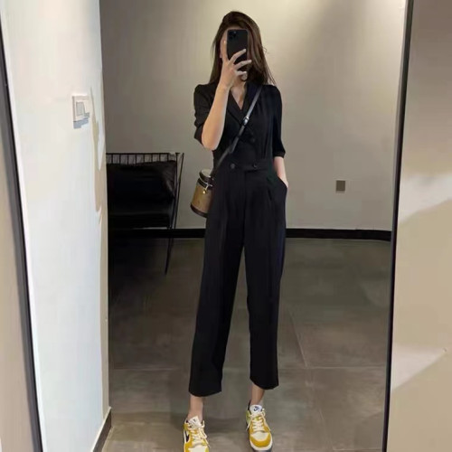 VSETAMELLE西裝短袖連體褲女夏薄款高級感收腰顯瘦雙排釦連體衣褲