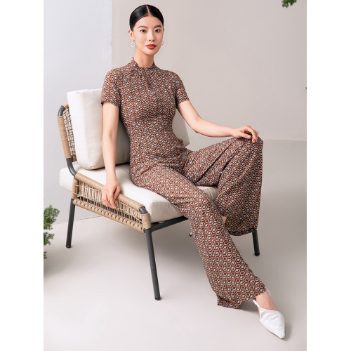 2024夏季新款高級感時尚修身濶腿褲連體衣褲直筒褲短袖薄款長褲