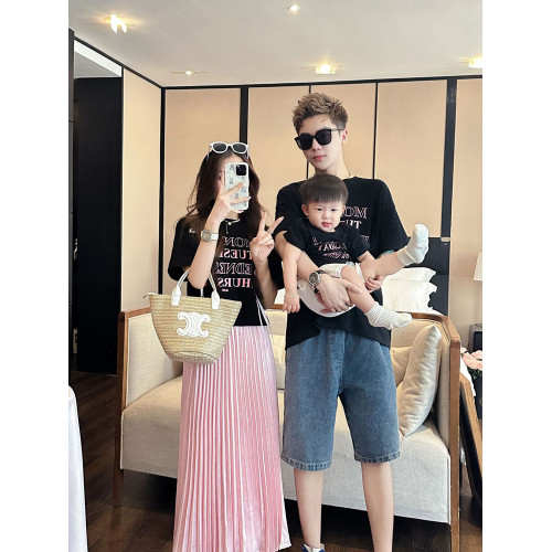 網紅度假親子裝2025新款夏天一家三口母女裝粉色半裙蝴蝶結短袖t