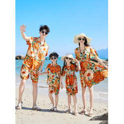 親子裝一家三口四口海南度假襯衣套裝夏季沙灘海邊母女連衣裙大碼