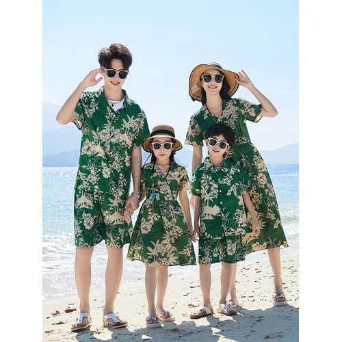親子裝一家三口四口海南度假襯衣套裝夏季沙灘海邊母女連衣裙大碼