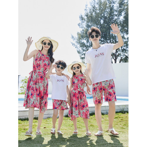 親子裝一家三口四口海南度假襯衣套裝夏季沙灘海邊母女連衣裙大碼