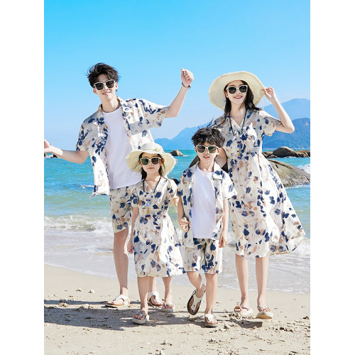 親子裝一家三口四口海南度假襯衣套裝夏季沙灘海邊母女連衣裙大碼
