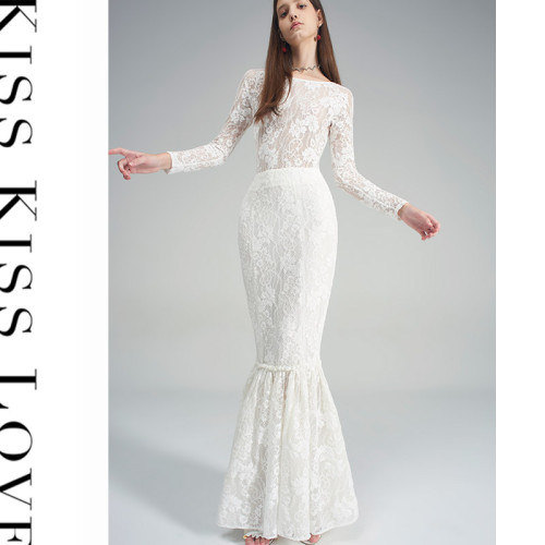 kiss kiss love春夏新品女士彈力連體上衣白色長袖鏤空蕾絲連體衣