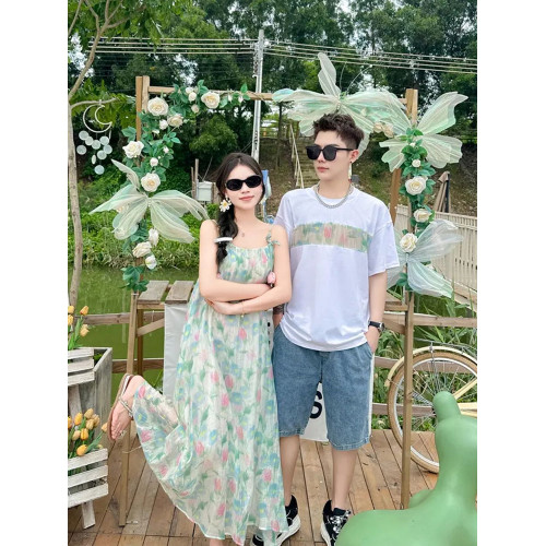 度假親子裝碎花吊帶連衣裙一家三口四口花朵母子母女裝短袖t恤夏