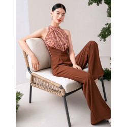 2024夏季新款高級感時尚修身濶腿褲連體衣拼色碎花薄款直筒褲