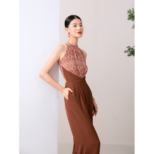 2024夏季新款高級感時尚修身濶腿褲連體衣拼色碎花薄款直筒褲