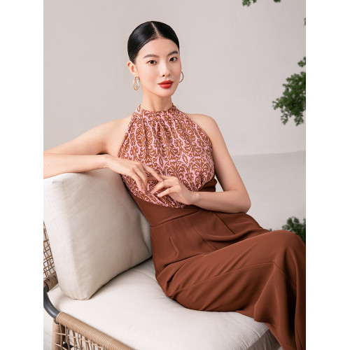 2024夏季新款高級感時尚修身濶腿褲連體衣拼色碎花薄款直筒褲