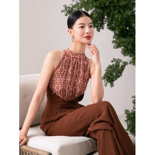 2024夏季新款高級感時尚修身濶腿褲連體衣拼色碎花薄款直筒褲