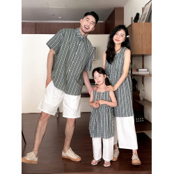 網紅親子裝一家三四口格子薄款襯衫洋氣休閒母女裝森系裙子套裝潮