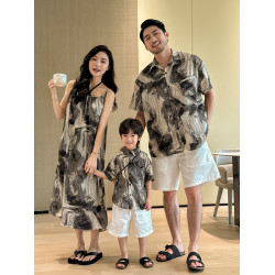 三亞海邊親子裝一家三口四口水墨吊帶母女裝連衣裙父子套裝母子裝