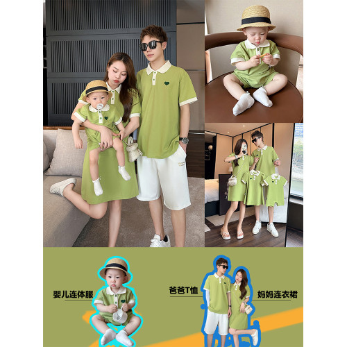 高級親子裝一家三口夏裝母子裝母女裝小月齡刺綉愛心Polo衫連衣裙