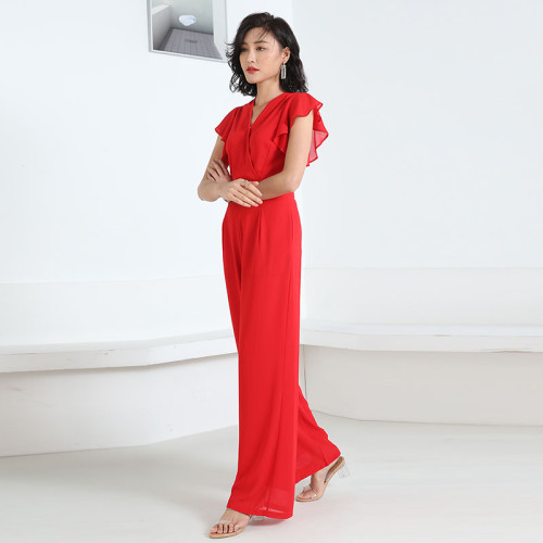 雪紡褲新款26嵗-35嵗高腰日常夏季2024女夏V領修身濶腿歐美連體衣
