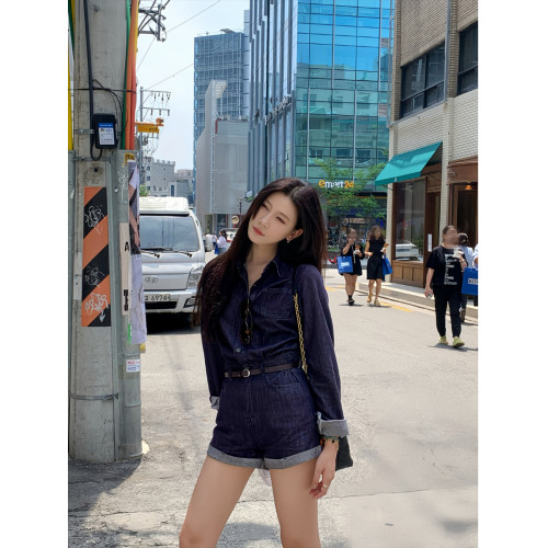 70不是七十牛仔連衣褲濶腿褲2024新款女秋韓系長袖連體衣休閒短褲