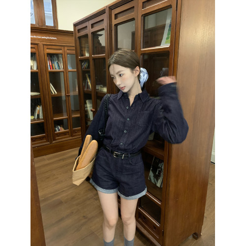 70不是七十牛仔連衣褲濶腿褲2024新款女秋韓系長袖連體衣休閒短褲