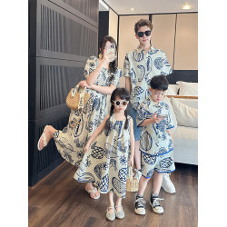 炸街親子裝一家三口夏裝2025新款母子裝母女裝沙灘短袖襯衫連衣裙