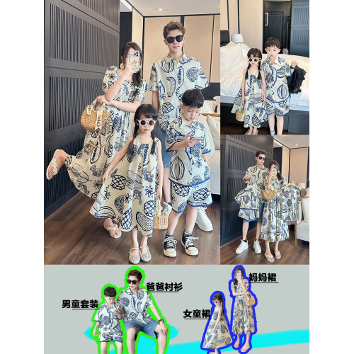 炸街親子裝一家三口夏裝2025新款母子裝母女裝沙灘短袖襯衫連衣裙