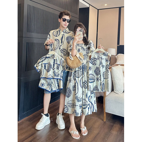 炸街親子裝一家三口夏裝2025新款母子裝母女裝沙灘短袖襯衫連衣裙