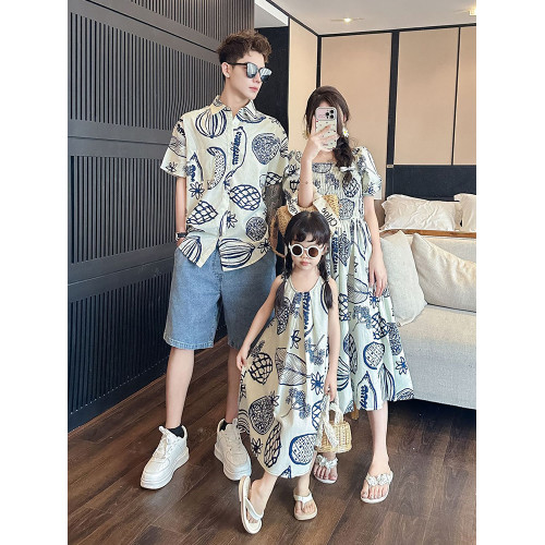炸街親子裝一家三口夏裝2025新款母子裝母女裝沙灘短袖襯衫連衣裙